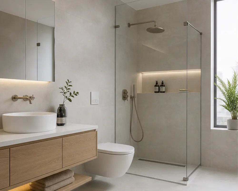 Taş dokulu porselenlerle tasarlanmış banyo